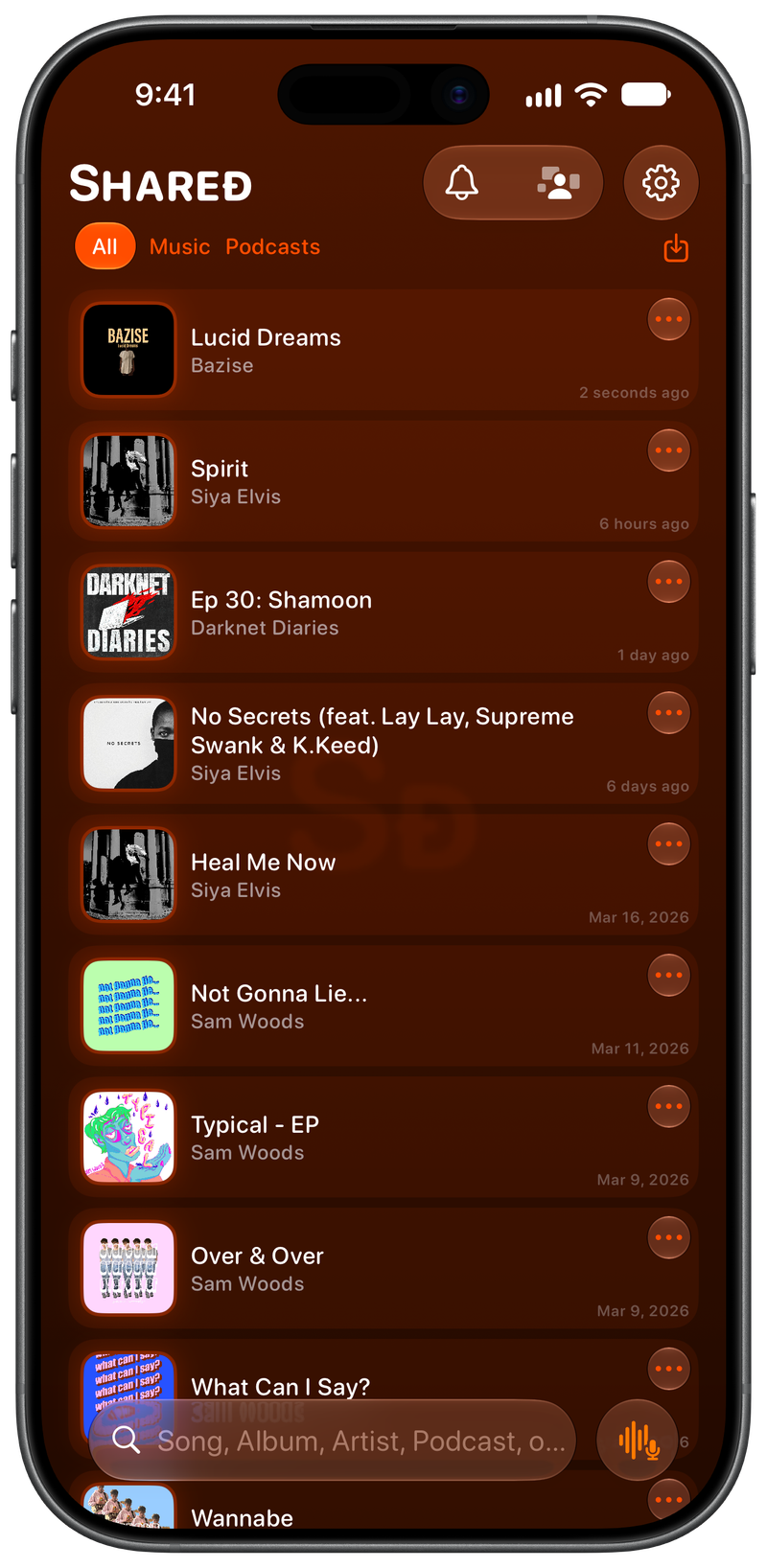Shared on iPhone 17 showing History in the Orange tint, dark appearance.