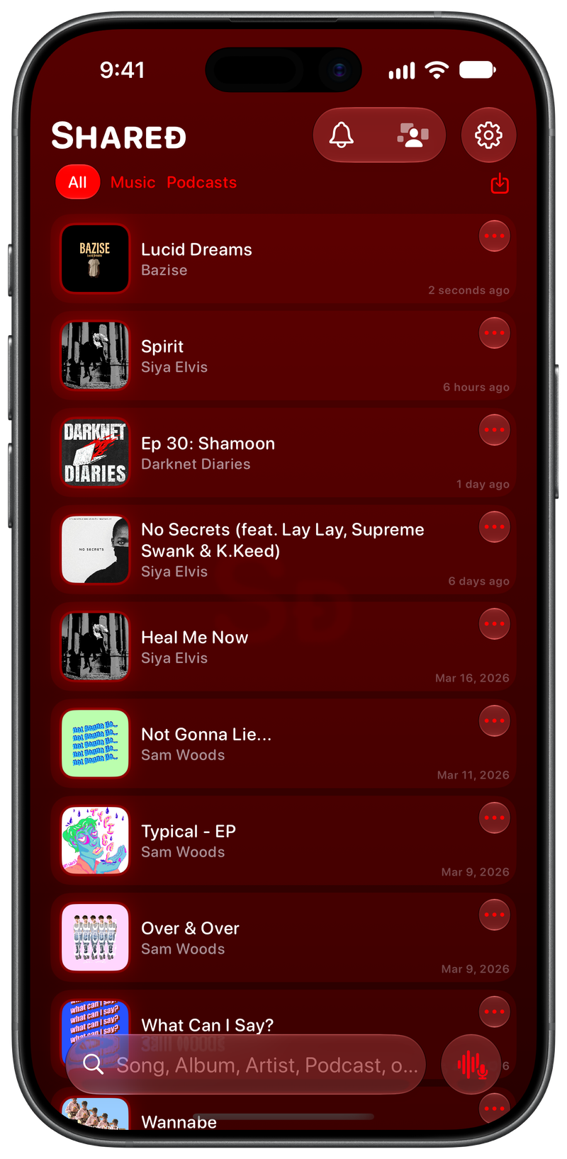 Shared on iPhone 17 showing History in the Red tint, dark appearance.