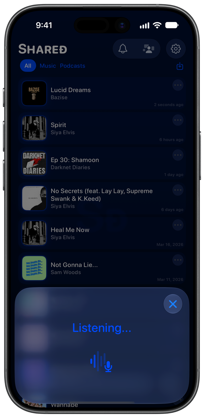 Shared on iPhone 17 showing Identifying Song in the Blue tint, dark appearance.