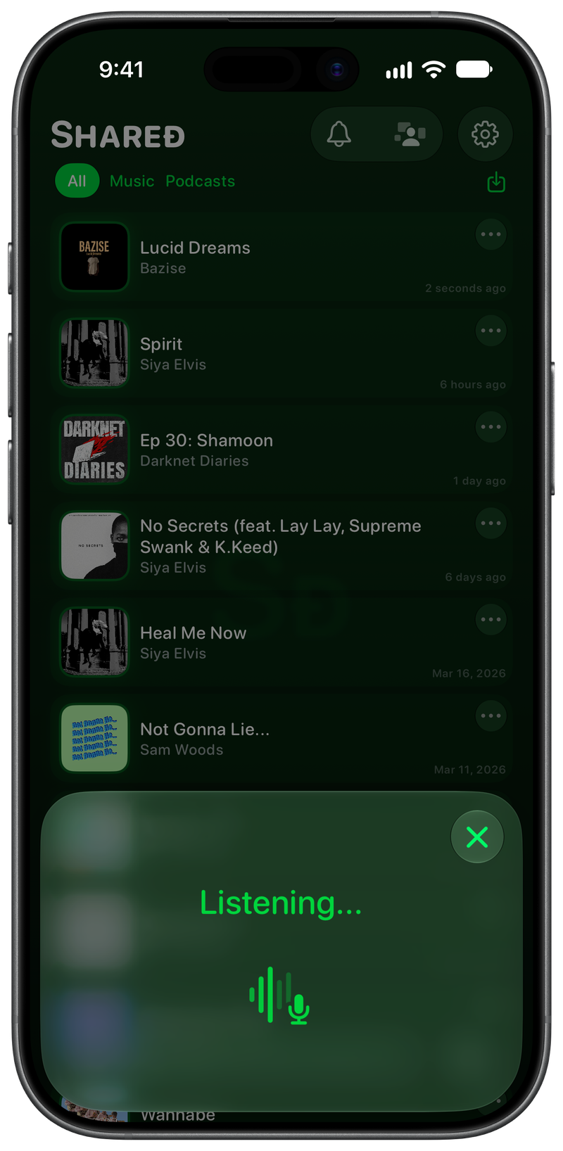 Shared on iPhone 17 showing Identifying Song in the Green tint, dark appearance.