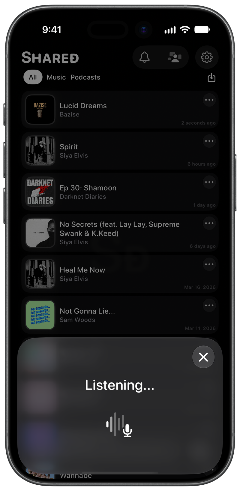 Shared on iPhone 17 showing Identifying Song in the Grey tint, dark appearance.