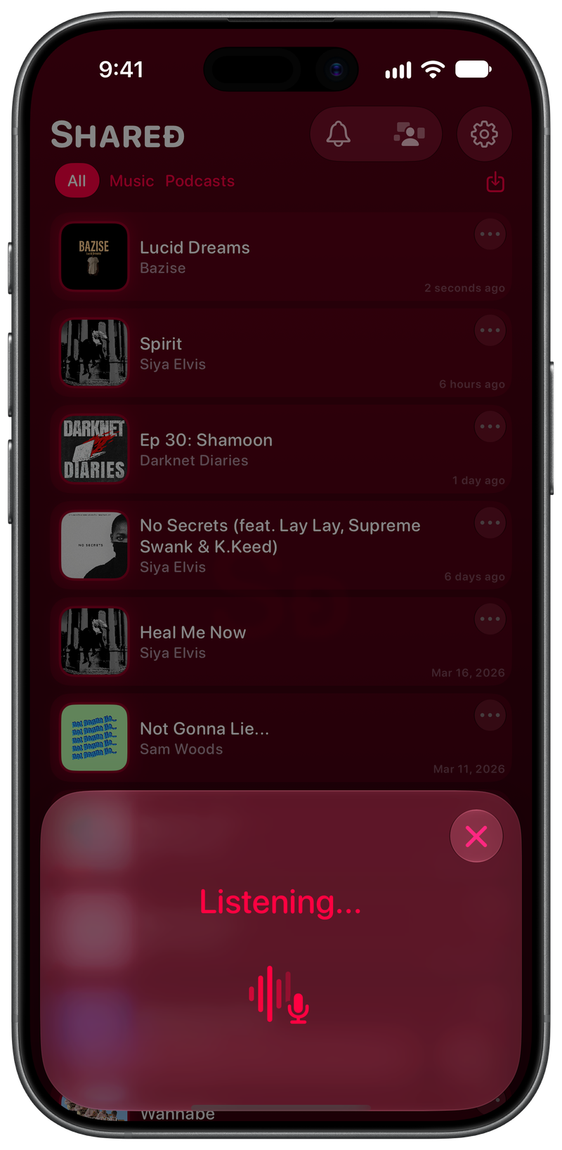 Shared on iPhone 17 showing Identifying Song in the Pink tint, dark appearance.