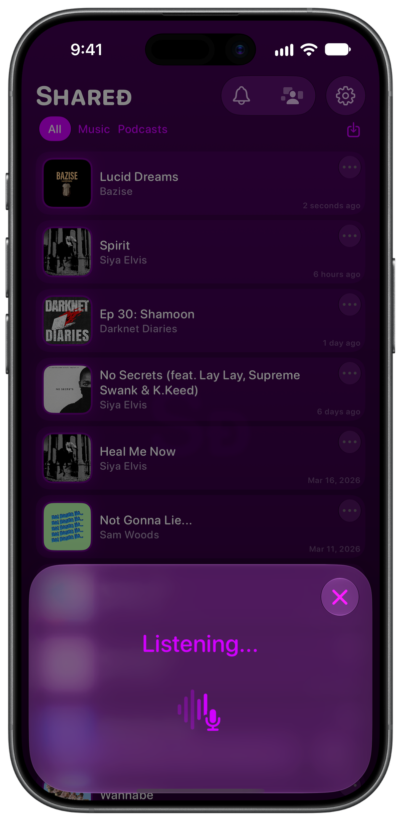 Shared on iPhone 17 showing Identifying Song in the Purple tint, dark appearance.