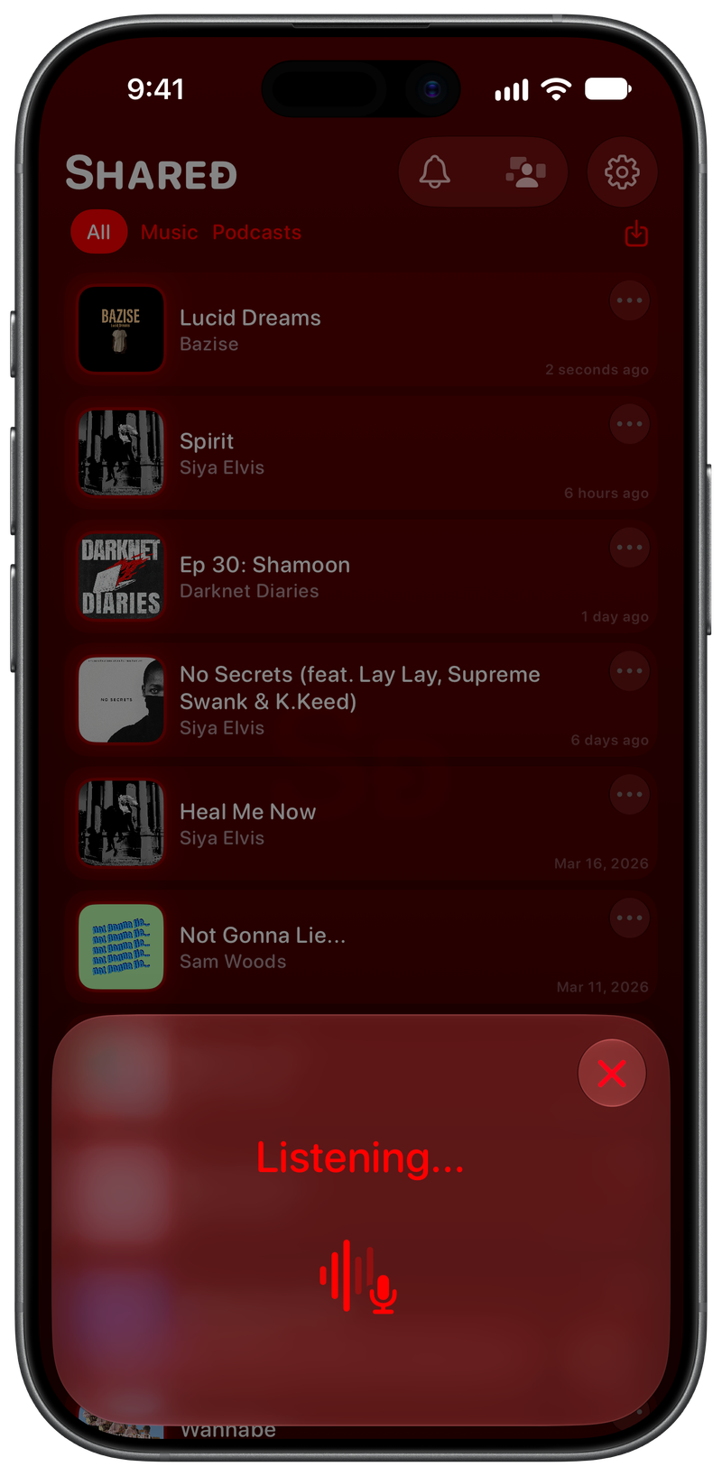 Shared on iPhone 17 showing Identifying Song in the Red tint, dark appearance.