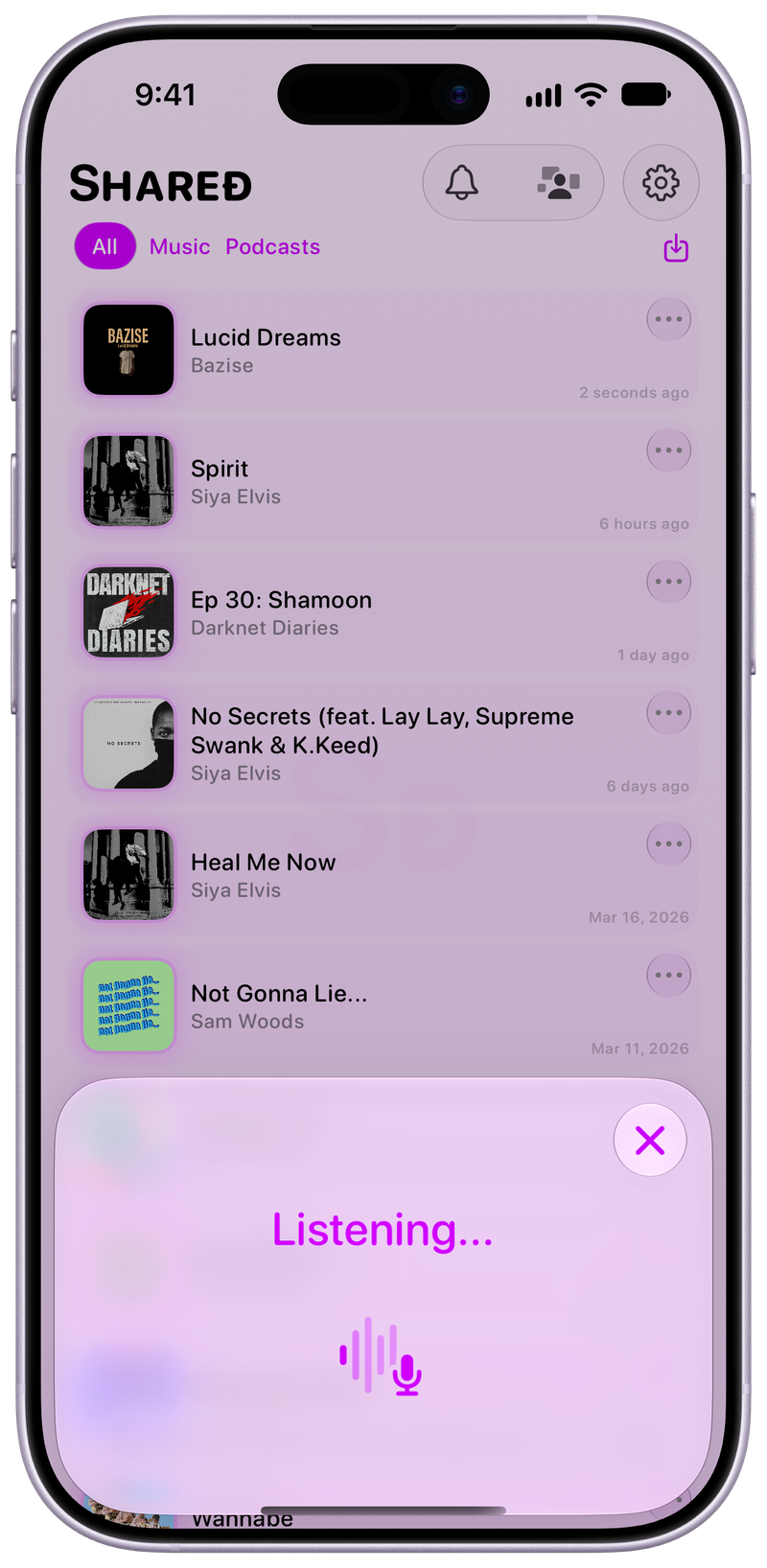 Shared on iPhone 17 showing Identifying Song in the Purple tint, light appearance.