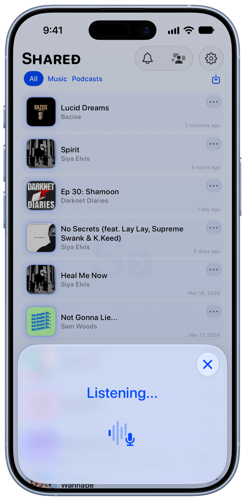 Shared on iPhone 17 showing Identifying Song in the Blue tint, light appearance.