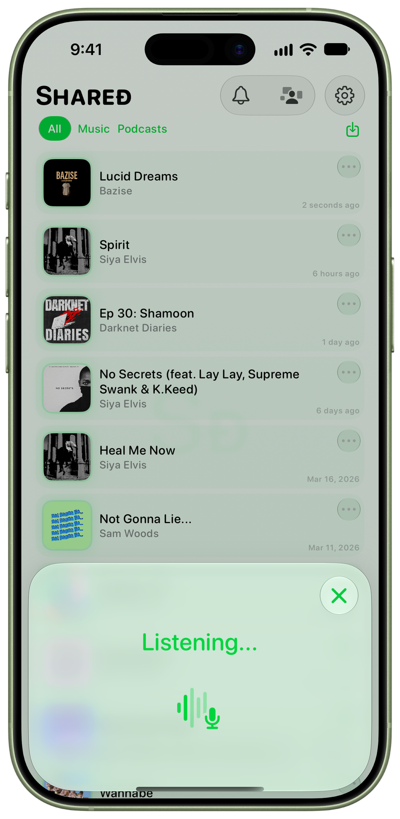 Shared on iPhone 17 showing Identifying Song in the Green tint, light appearance.