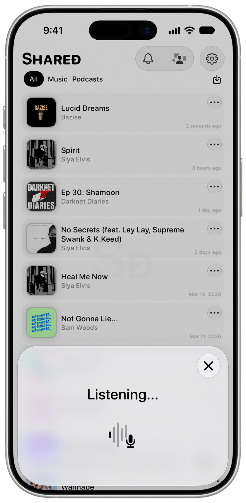 Shared on iPhone 17 showing Identifying Song in the Grey tint, light appearance.