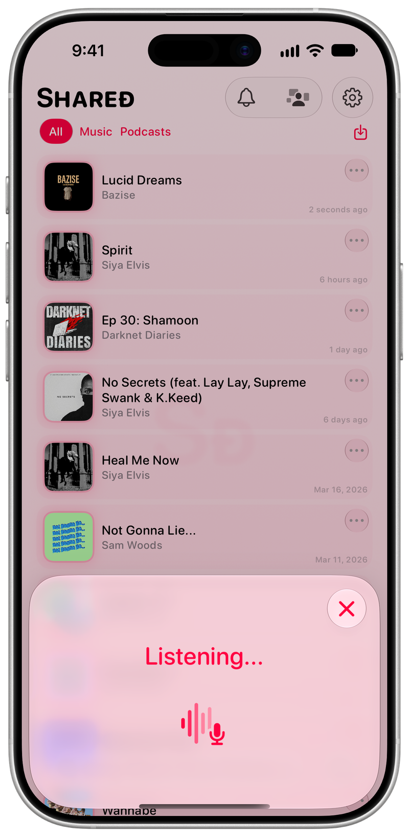 Shared on iPhone 17 showing Identifying Song in the Pink tint, light appearance.