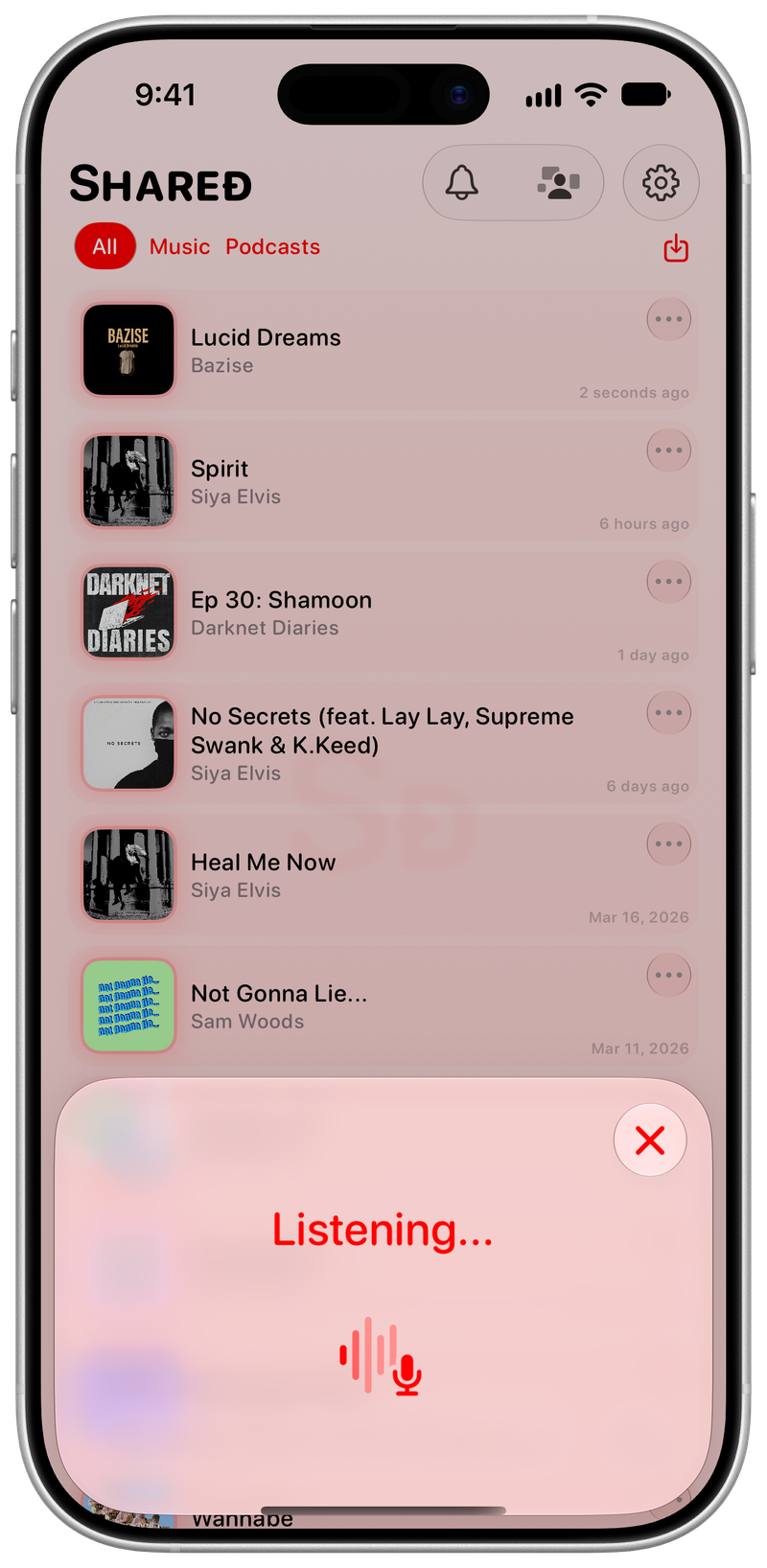 Shared on iPhone 17 showing Identifying Song in the Red tint, light appearance.