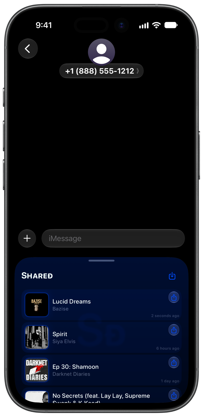 Shared on iPhone 17 showing Shared in Messages in the Blue tint, dark appearance.