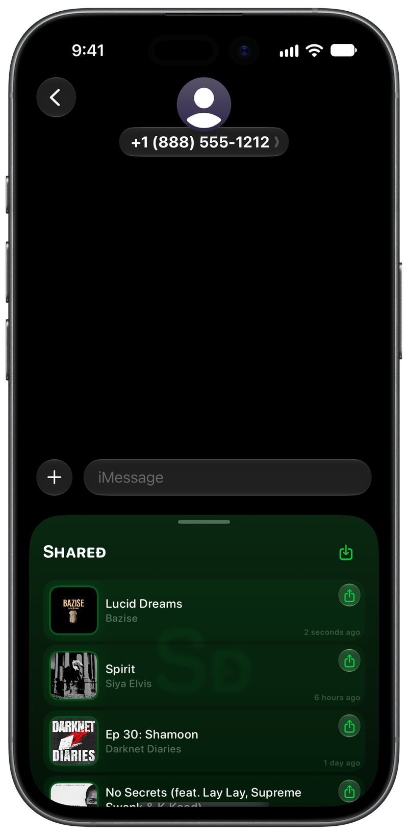 Shared on iPhone 17 showing Shared in Messages in the Green tint, dark appearance.