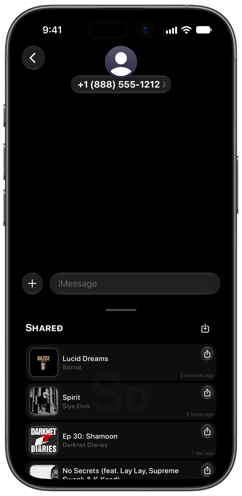 Shared on iPhone 17 showing Shared in Messages in the Grey tint, dark appearance.