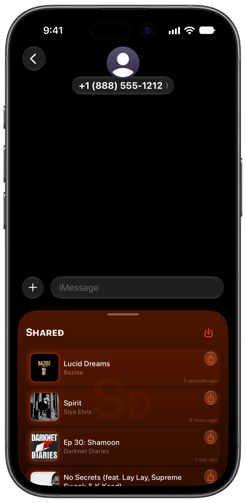 Shared on iPhone 17 showing Shared in Messages in the Orange tint, dark appearance.