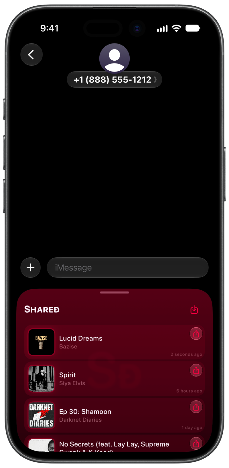Shared on iPhone 17 showing Shared in Messages in the Pink tint, dark appearance.