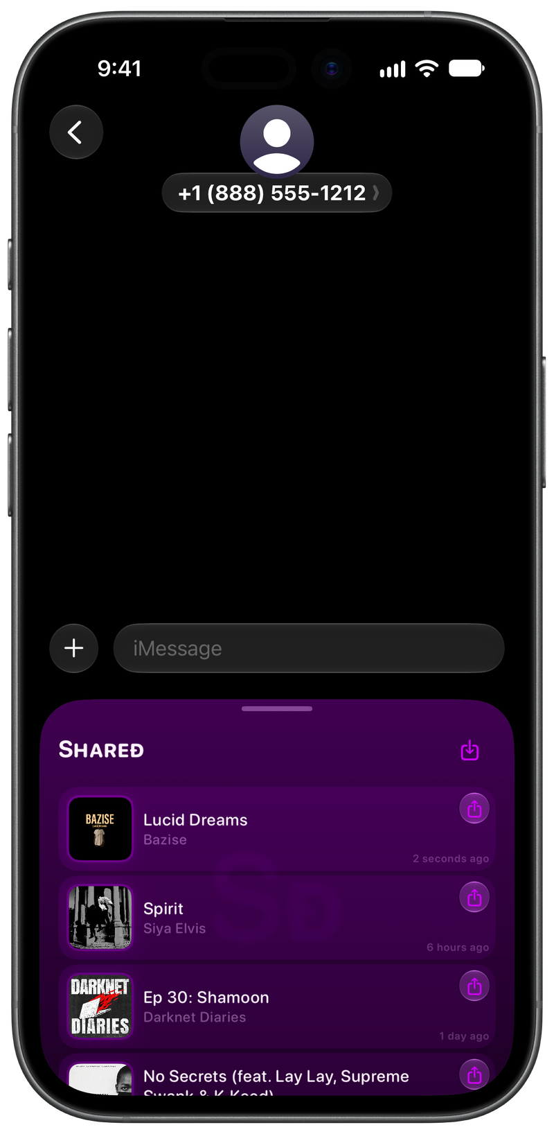 Shared on iPhone 17 showing Shared in Messages in the Purple tint, dark appearance.