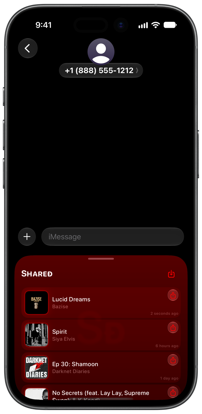 Shared on iPhone 17 showing Shared in Messages in the Red tint, dark appearance.