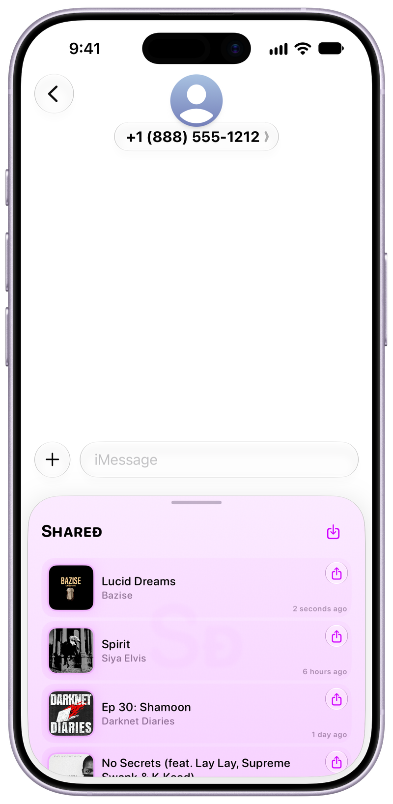 Shared on iPhone 17 showing Shared in Messages in the Purple tint, light appearance.