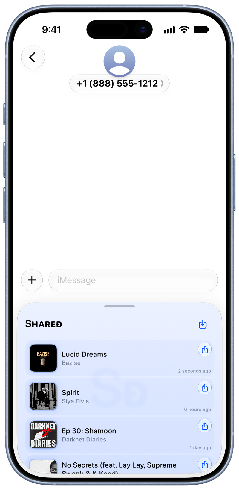 Shared on iPhone 17 showing Shared in Messages in the Blue tint, light appearance.