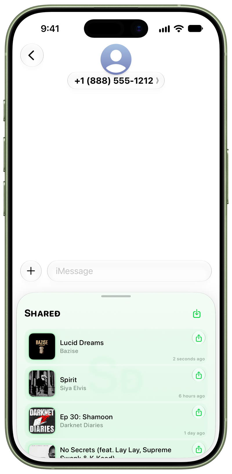 Shared on iPhone 17 showing Shared in Messages in the Green tint, light appearance.