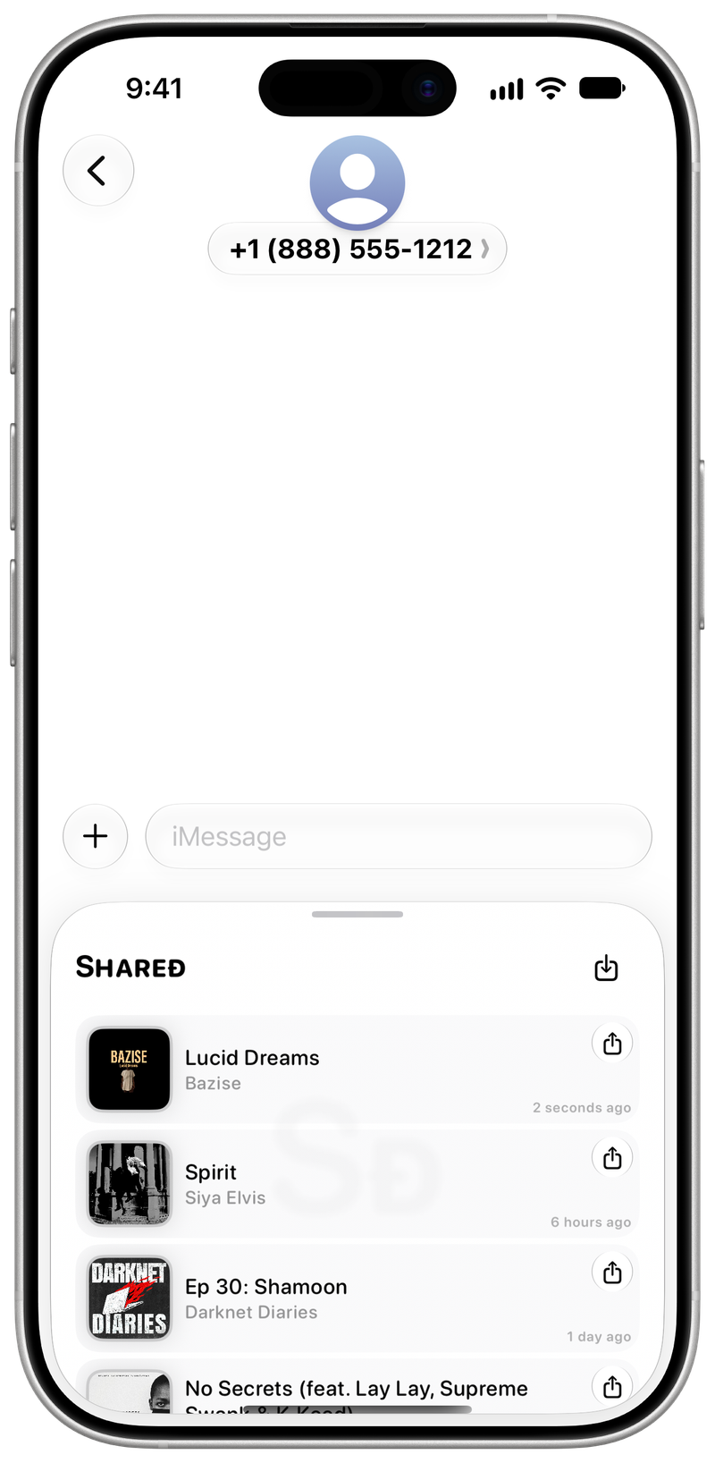 Shared on iPhone 17 showing Shared in Messages in the Grey tint, light appearance.