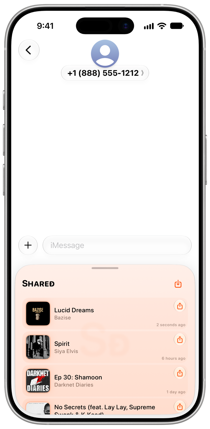 Shared on iPhone 17 showing Shared in Messages in the Orange tint, light appearance.