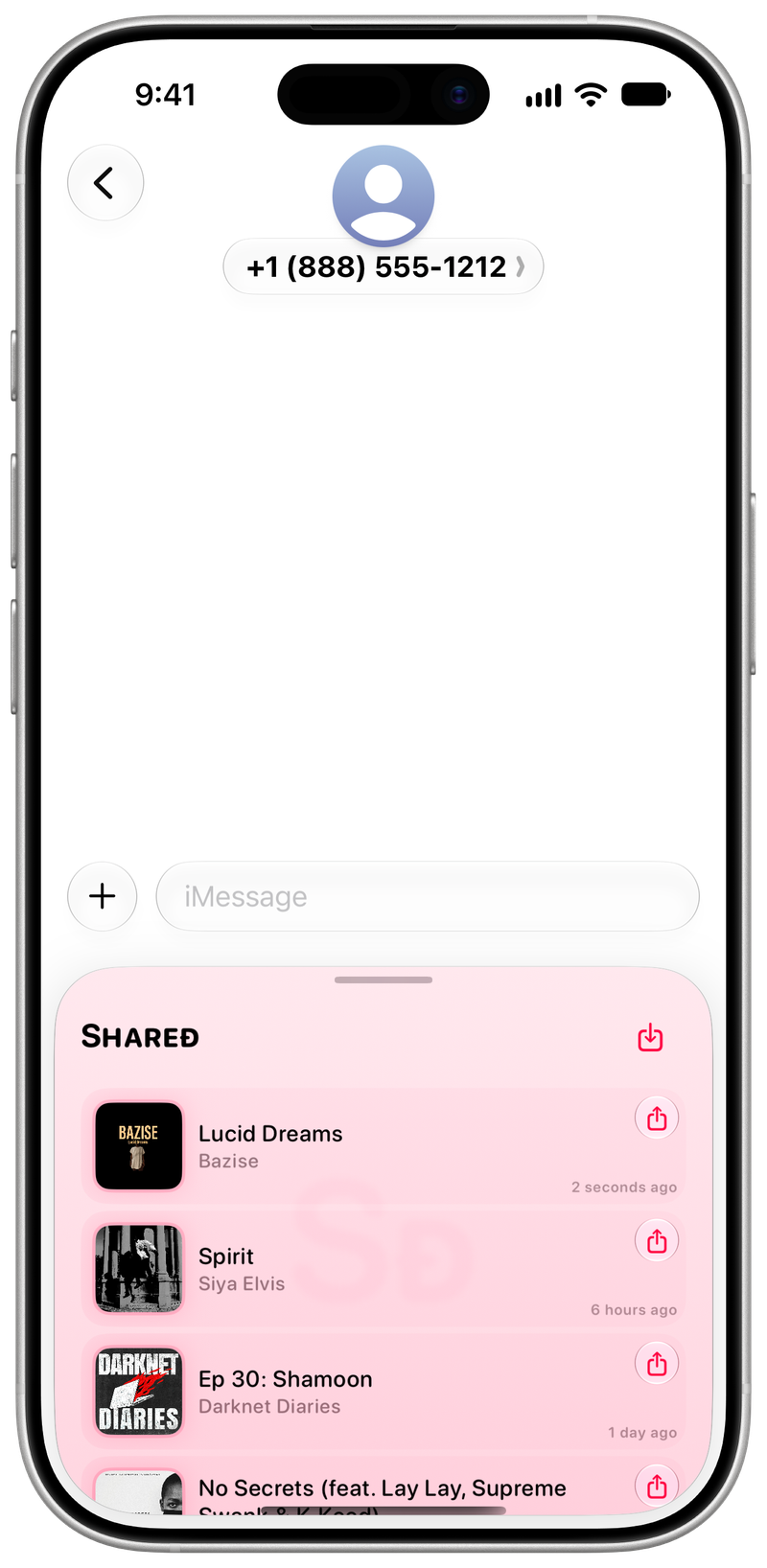 Shared on iPhone 17 showing Shared in Messages in the Pink tint, light appearance.