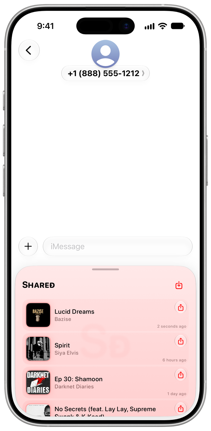 Shared on iPhone 17 showing Shared in Messages in the Red tint, light appearance.