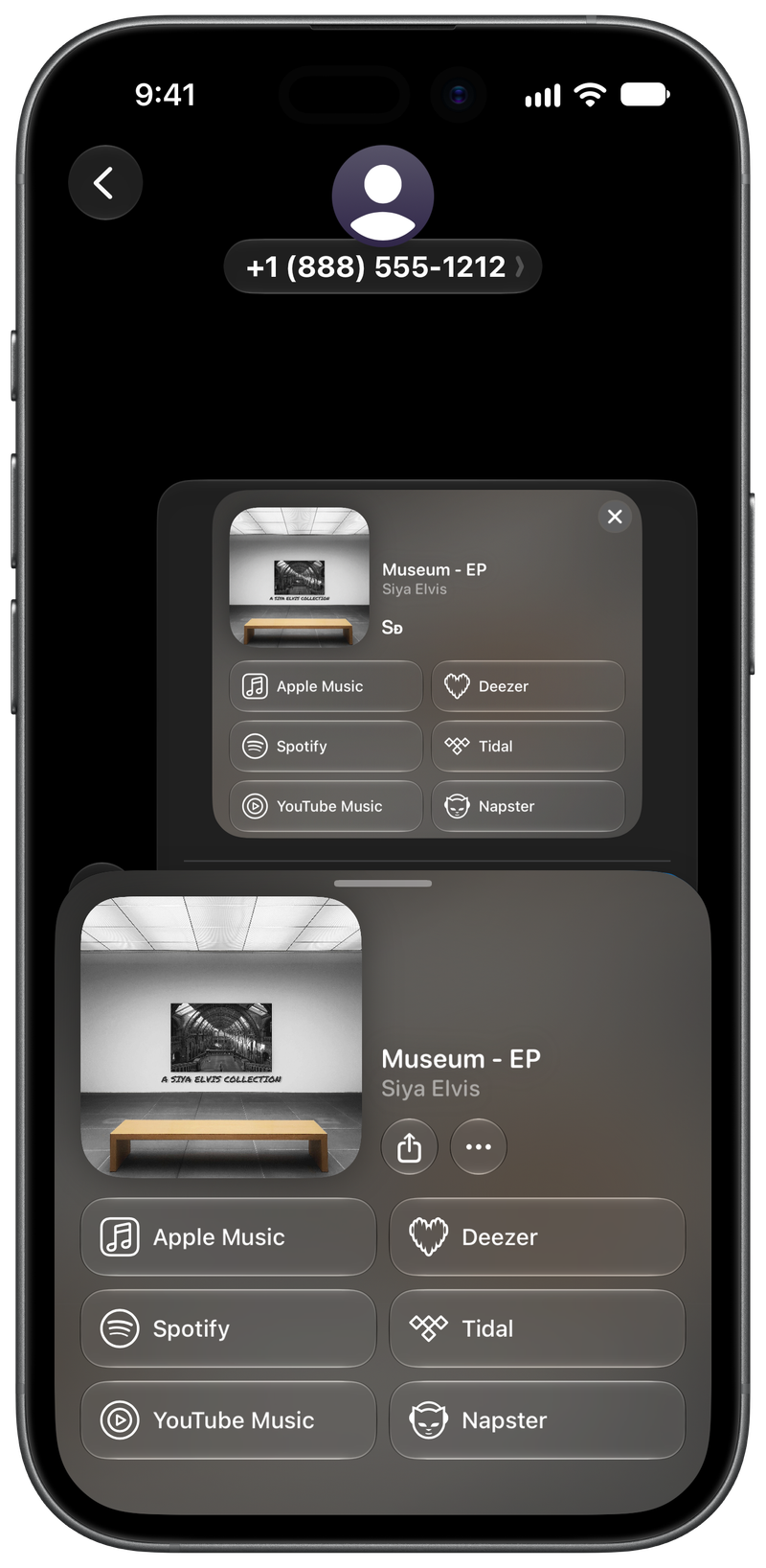Shared on iPhone 17 showing Share as Image in Messages for Museum - EP, dark appearance.