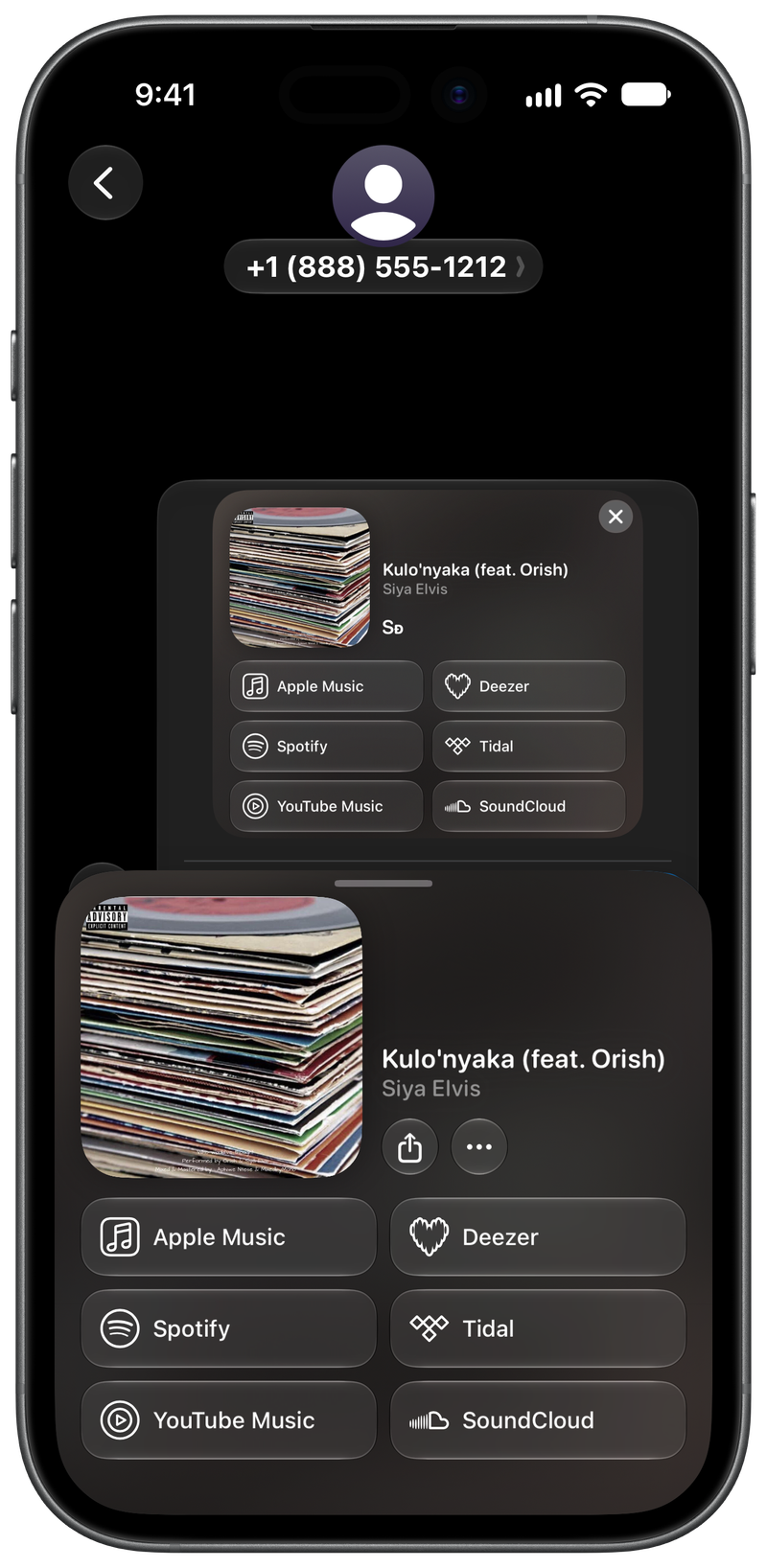 Shared on iPhone 17 showing Share as Image in Messages for Kulo'nyaka (feat. Orish), dark appearance.