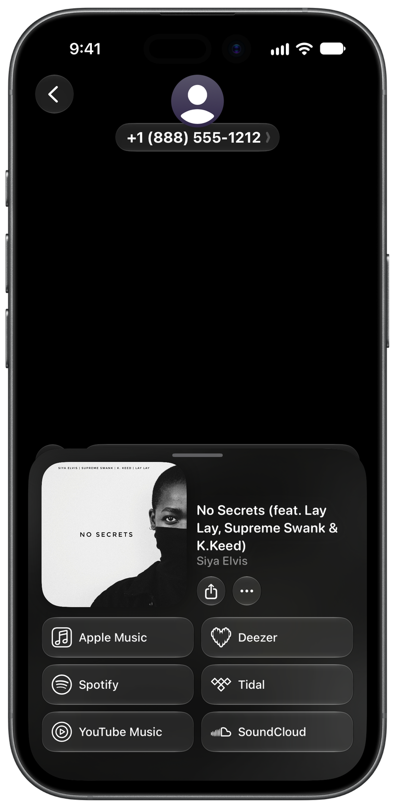 Shared on iPhone 17 showing Open in Shared from Messages for No Secrets (feat. Lay Lay, Supreme Swank & K.Keed), dark appearance.