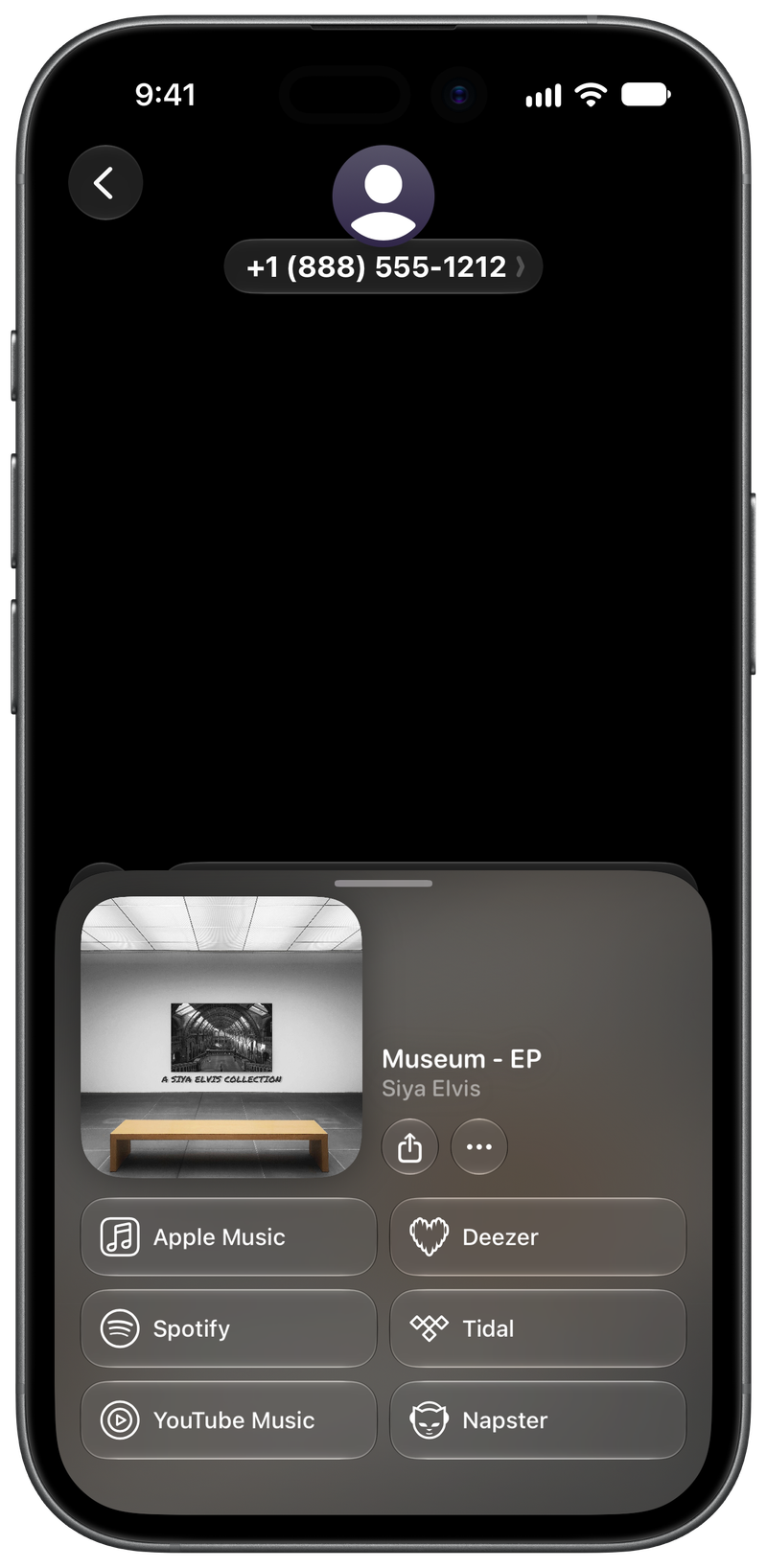 Shared on iPhone 17 showing Open in Shared from Messages for Museum - EP, dark appearance.