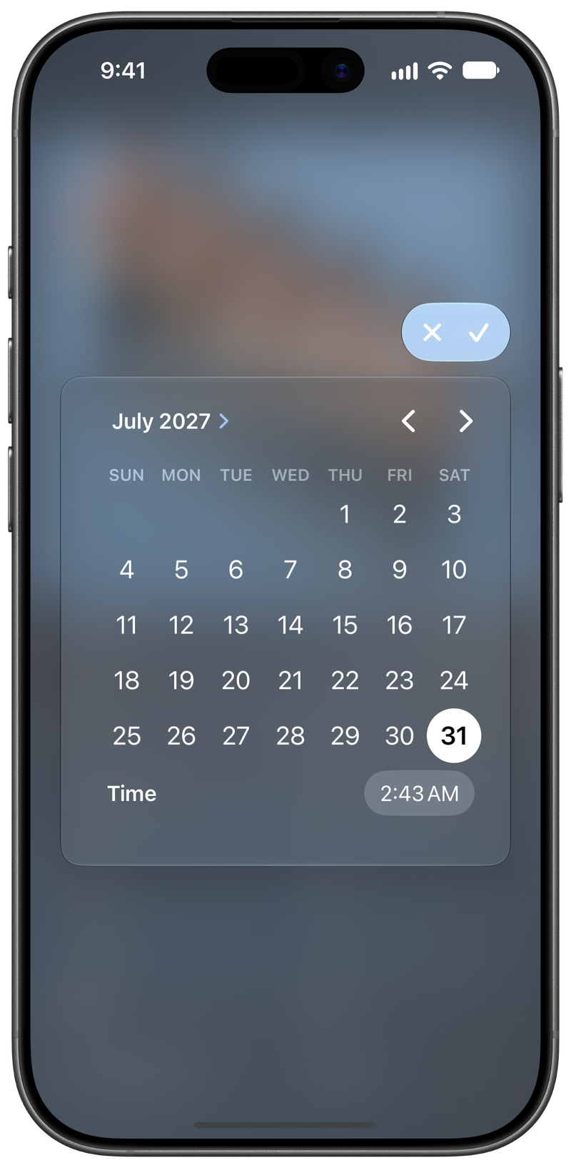 Shared on iPhone 17 showing Reminder Picker in the Blue tint, dark appearance.