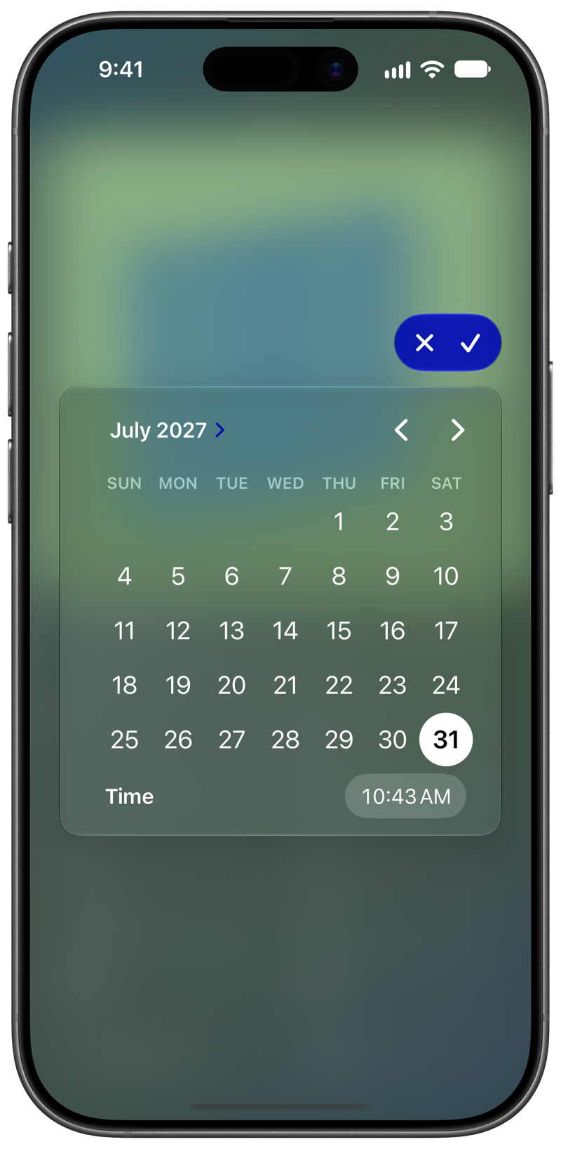 Shared on iPhone 17 showing Reminder Picker in the Green tint, dark appearance.