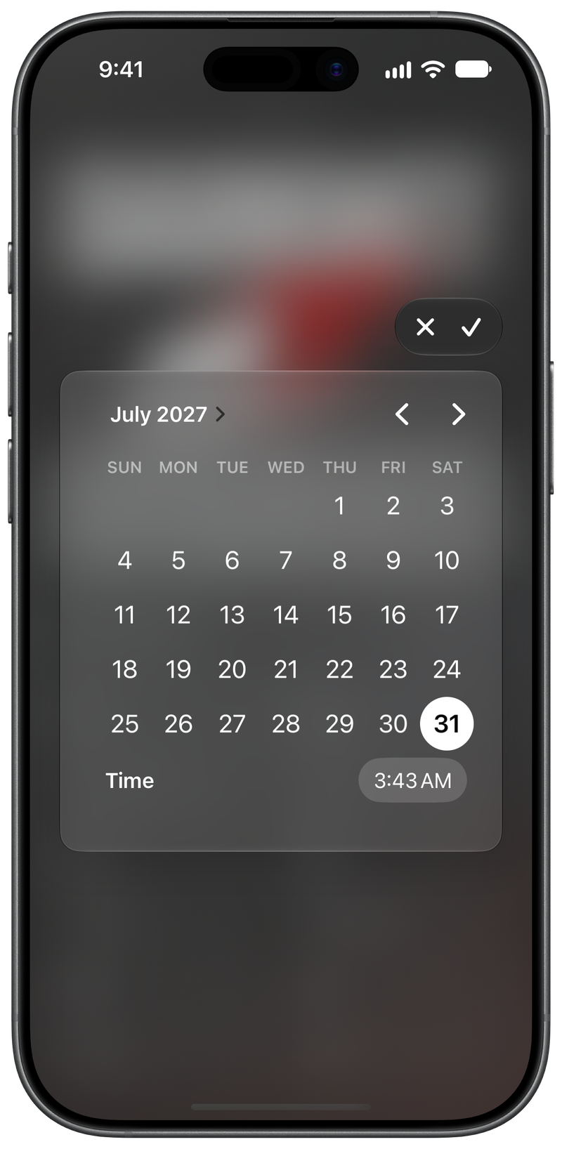 Shared on iPhone 17 showing Reminder Picker in the Grey tint, dark appearance.