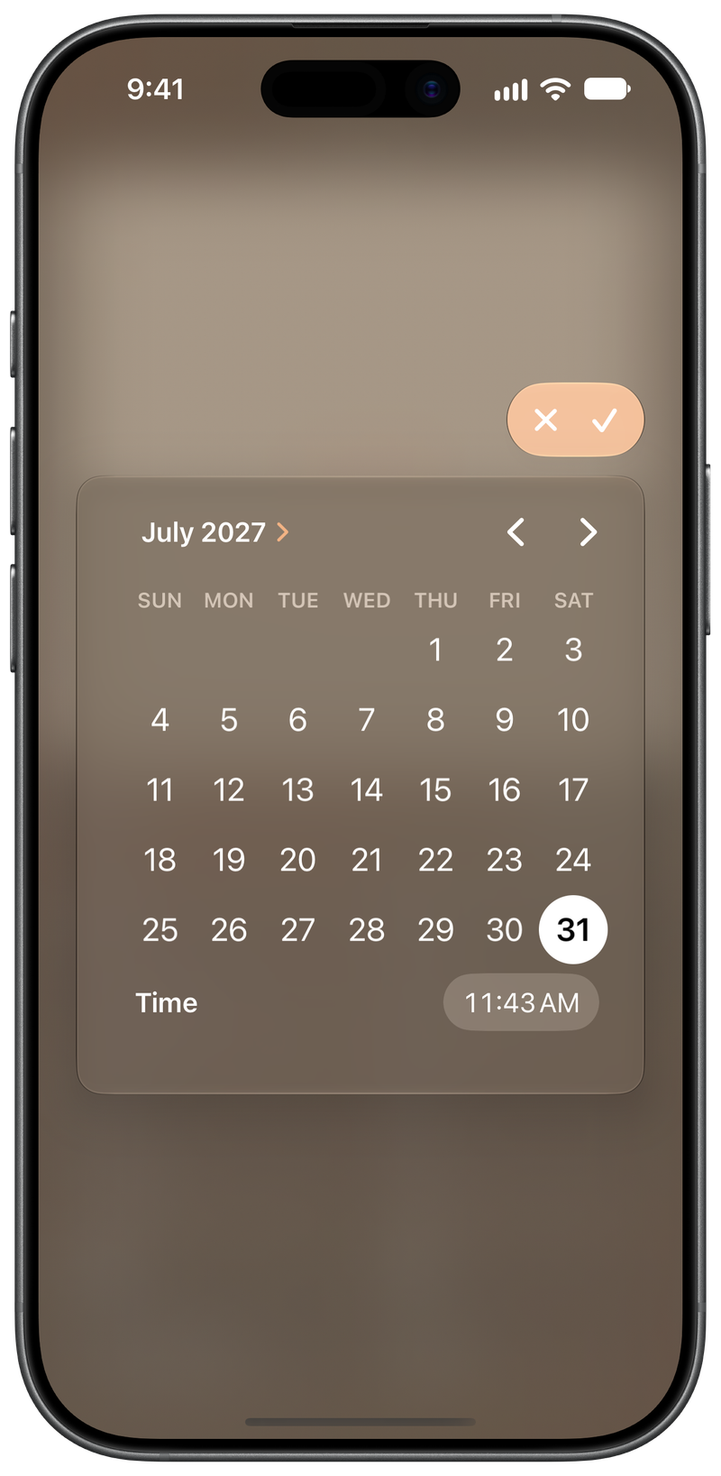 Shared on iPhone 17 showing Reminder Picker in the Orange tint, dark appearance.