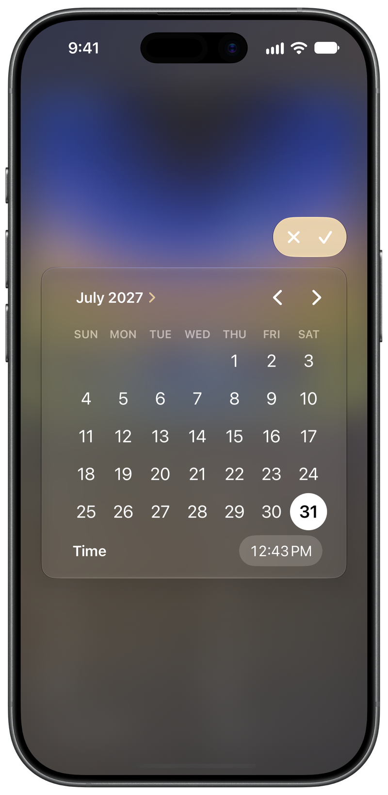 Shared on iPhone 17 showing Reminder Picker in the Purple tint, dark appearance.