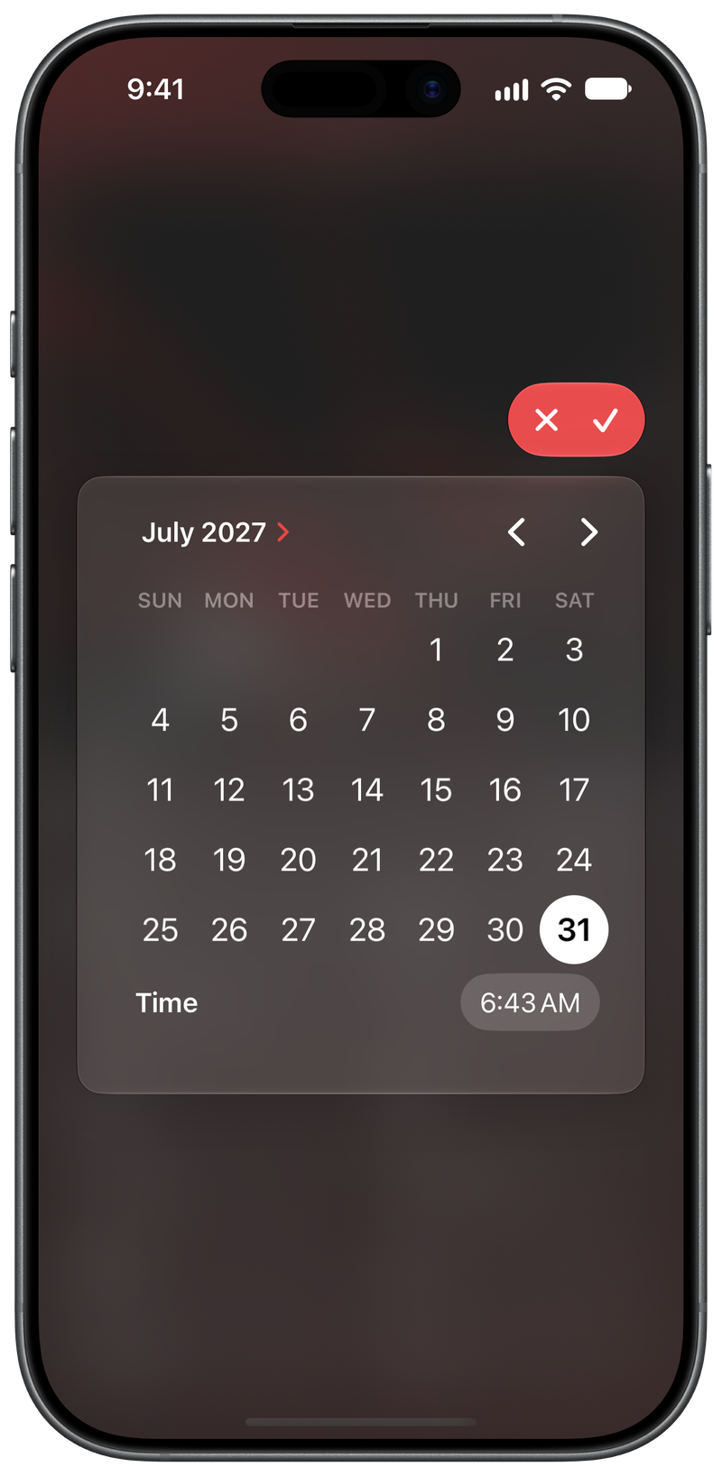Shared on iPhone 17 showing Reminder Picker in the Red tint, dark appearance.