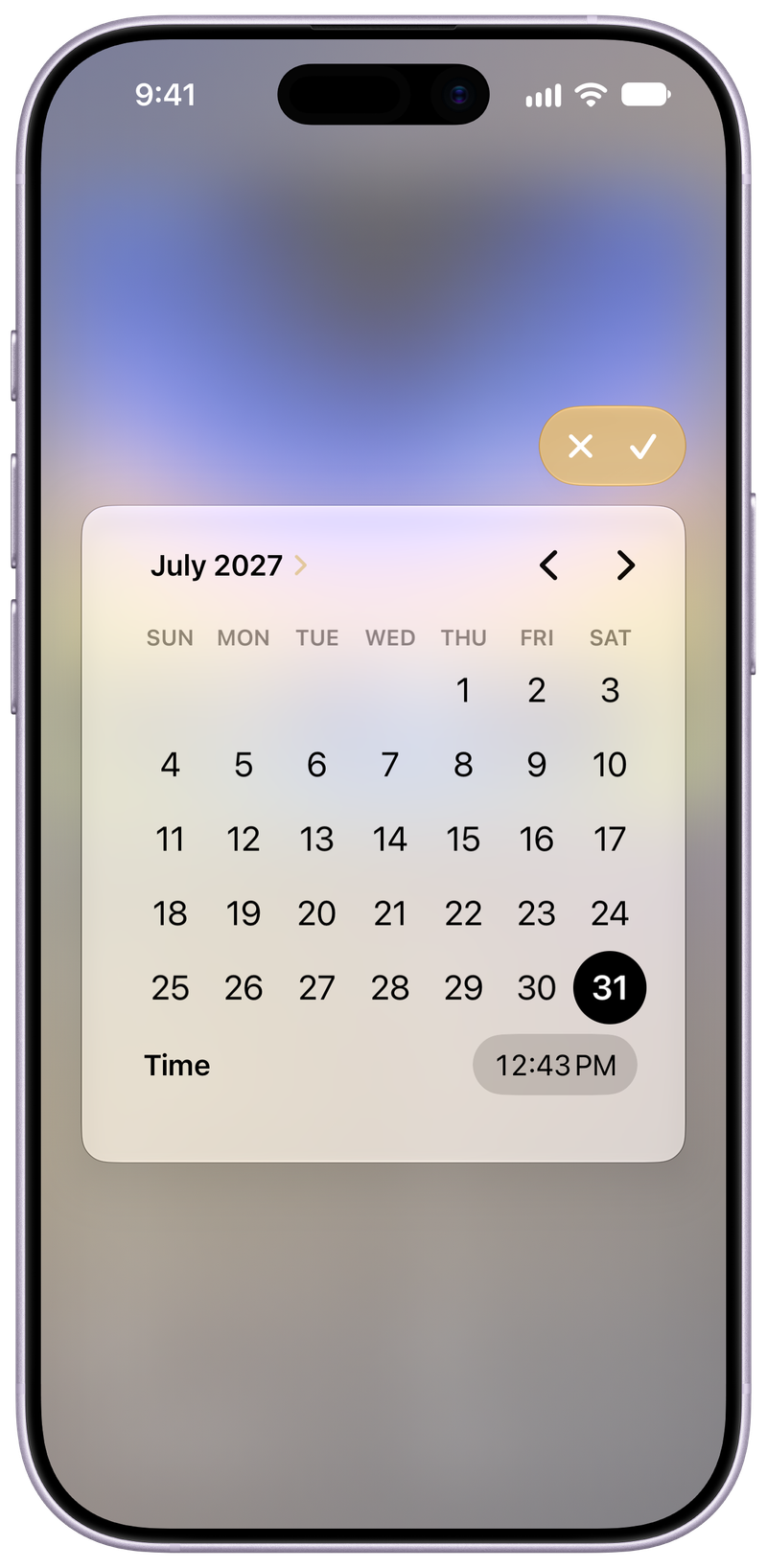 Shared on iPhone 17 showing Reminder Picker in the Purple tint, light appearance.