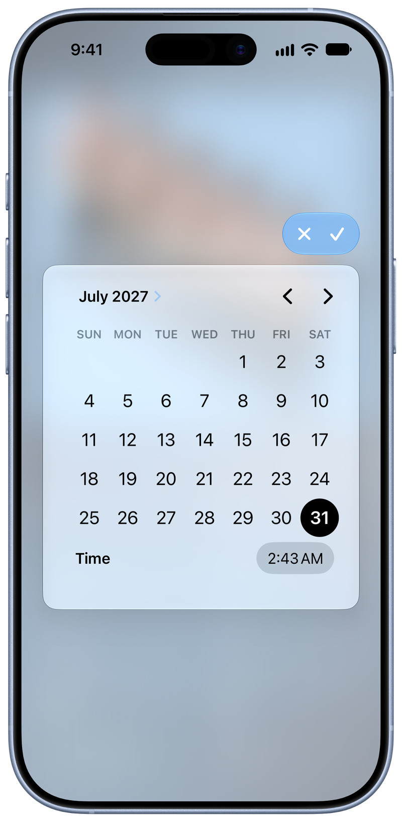 Shared on iPhone 17 showing Reminder Picker in the Blue tint, light appearance.