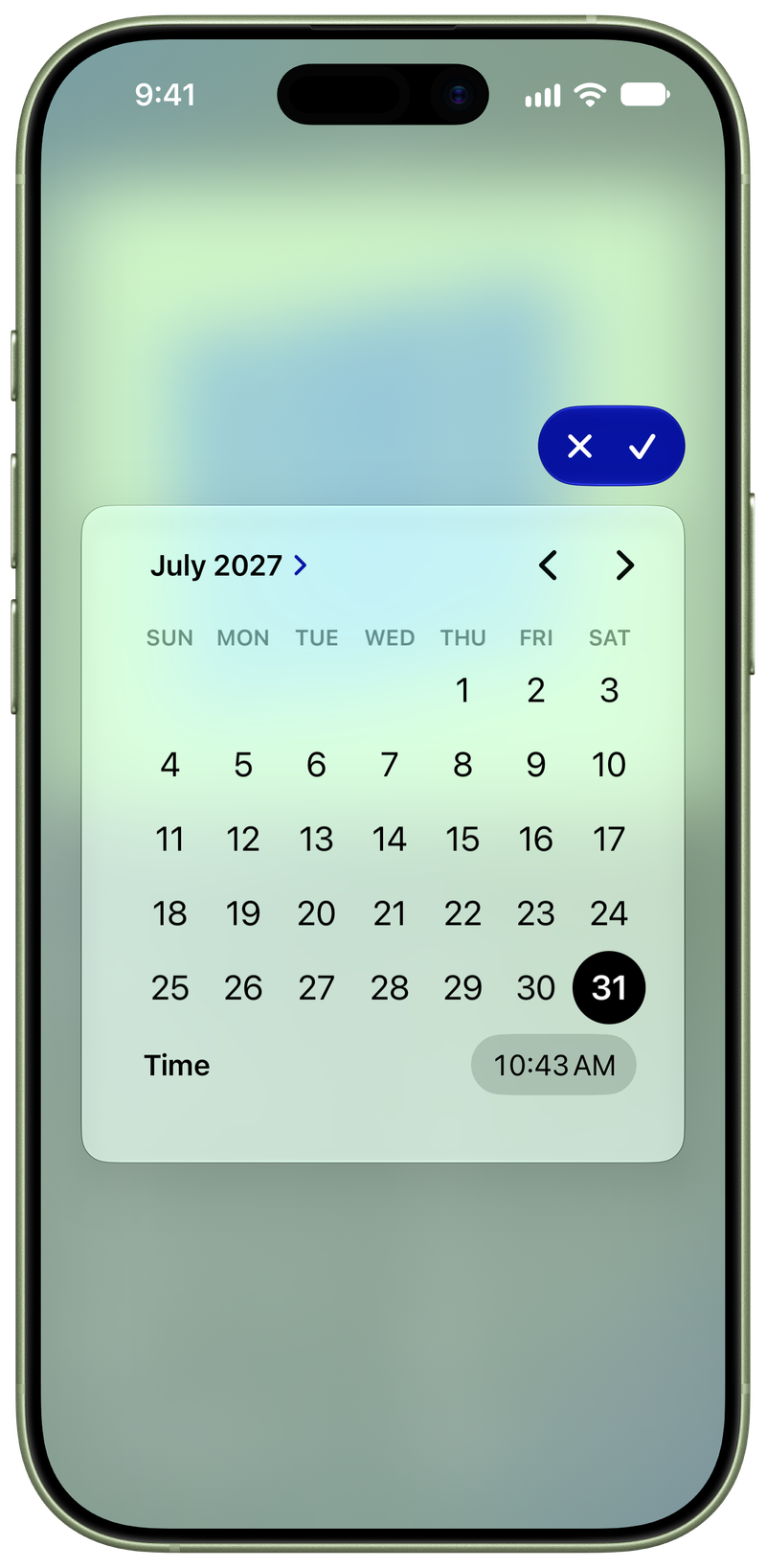 Shared on iPhone 17 showing Reminder Picker in the Green tint, light appearance.