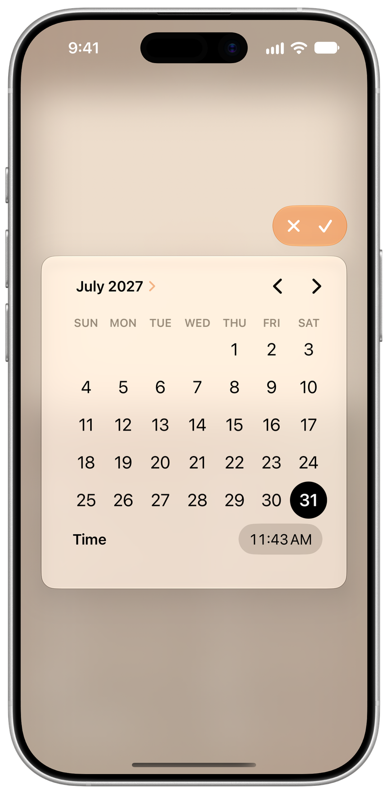 Shared on iPhone 17 showing Reminder Picker in the Orange tint, light appearance.