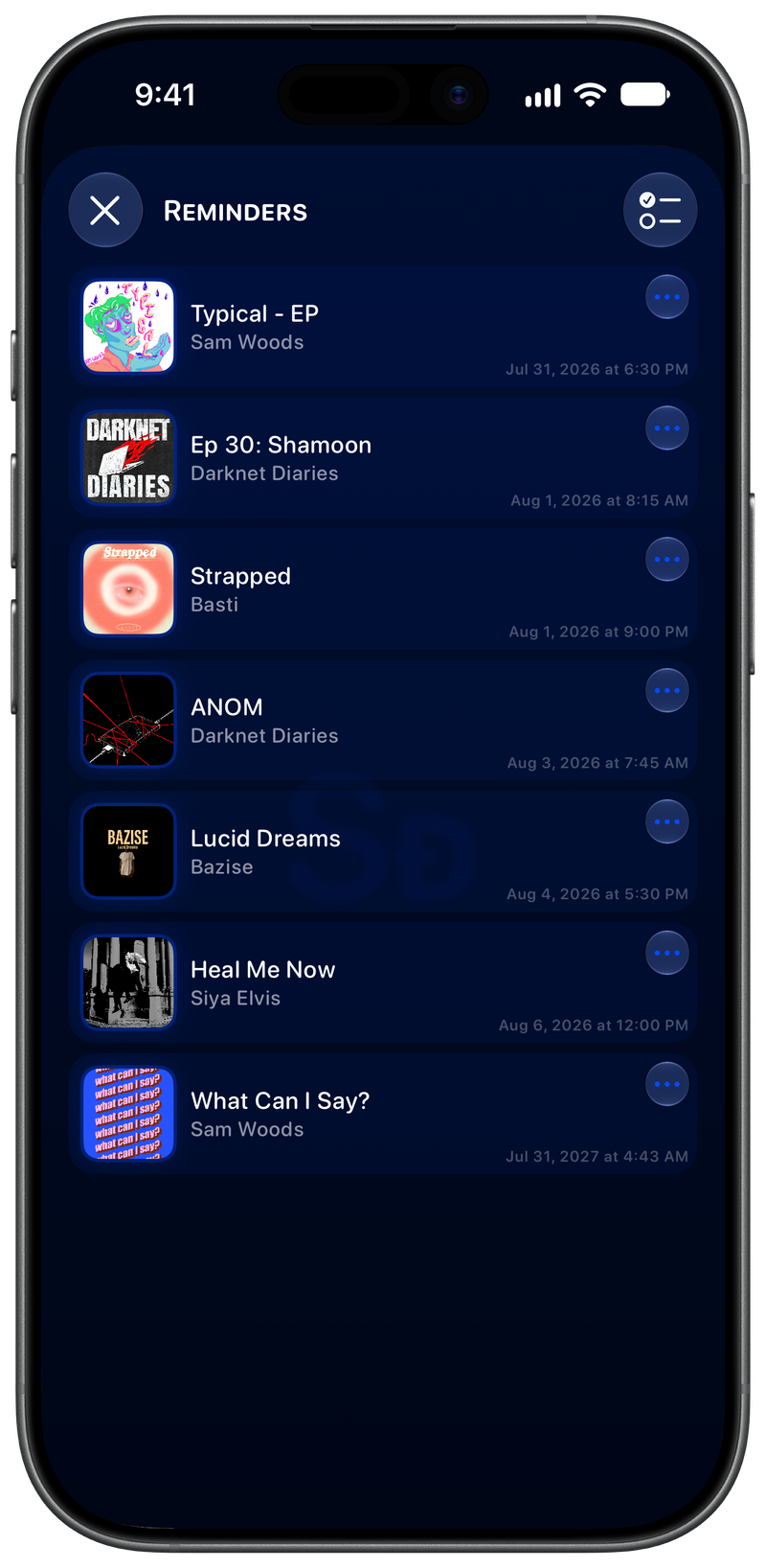 Shared on iPhone 17 showing Reminders in the Blue tint, dark appearance.