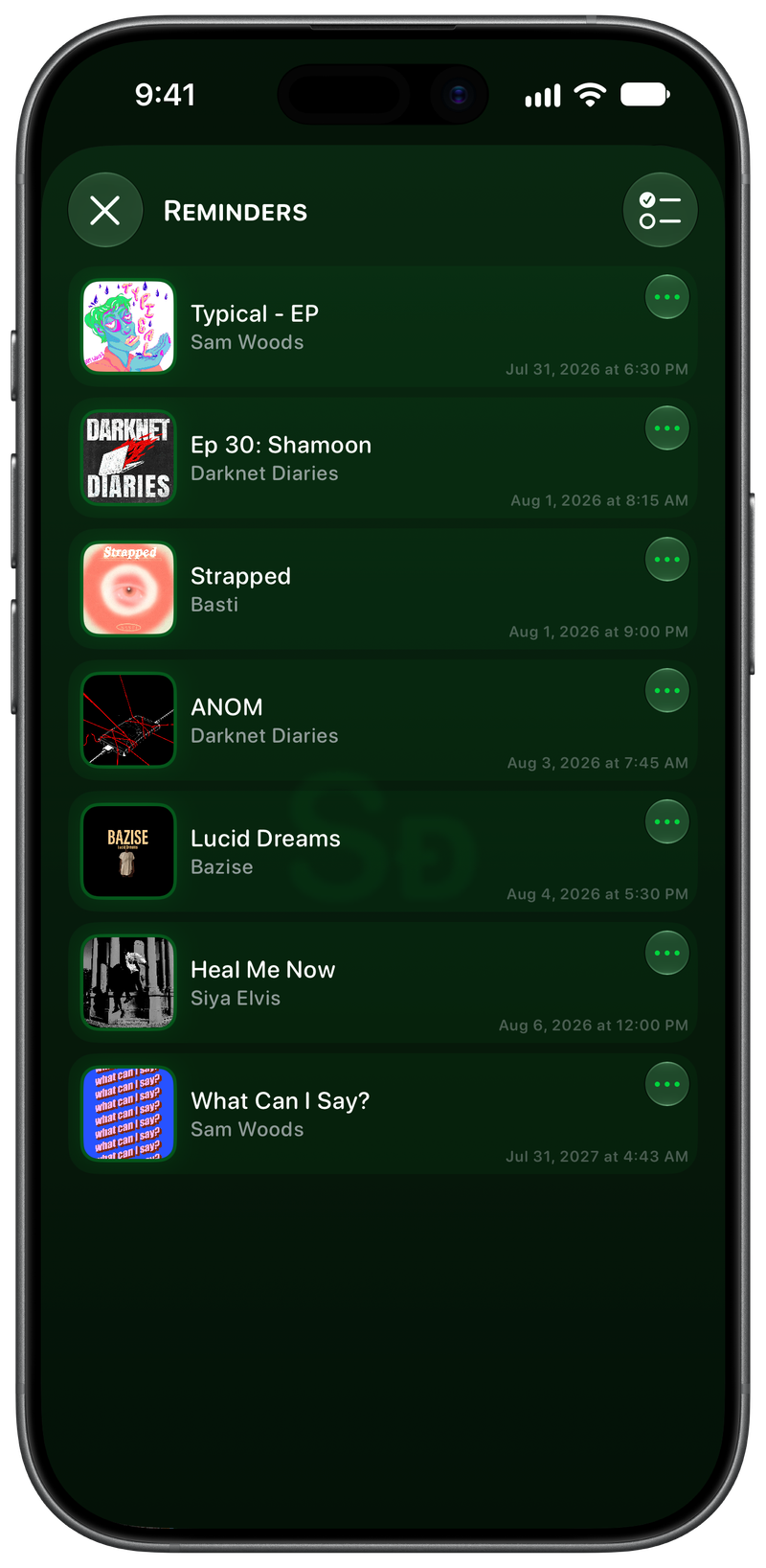 Shared on iPhone 17 showing Reminders in the Green tint, dark appearance.