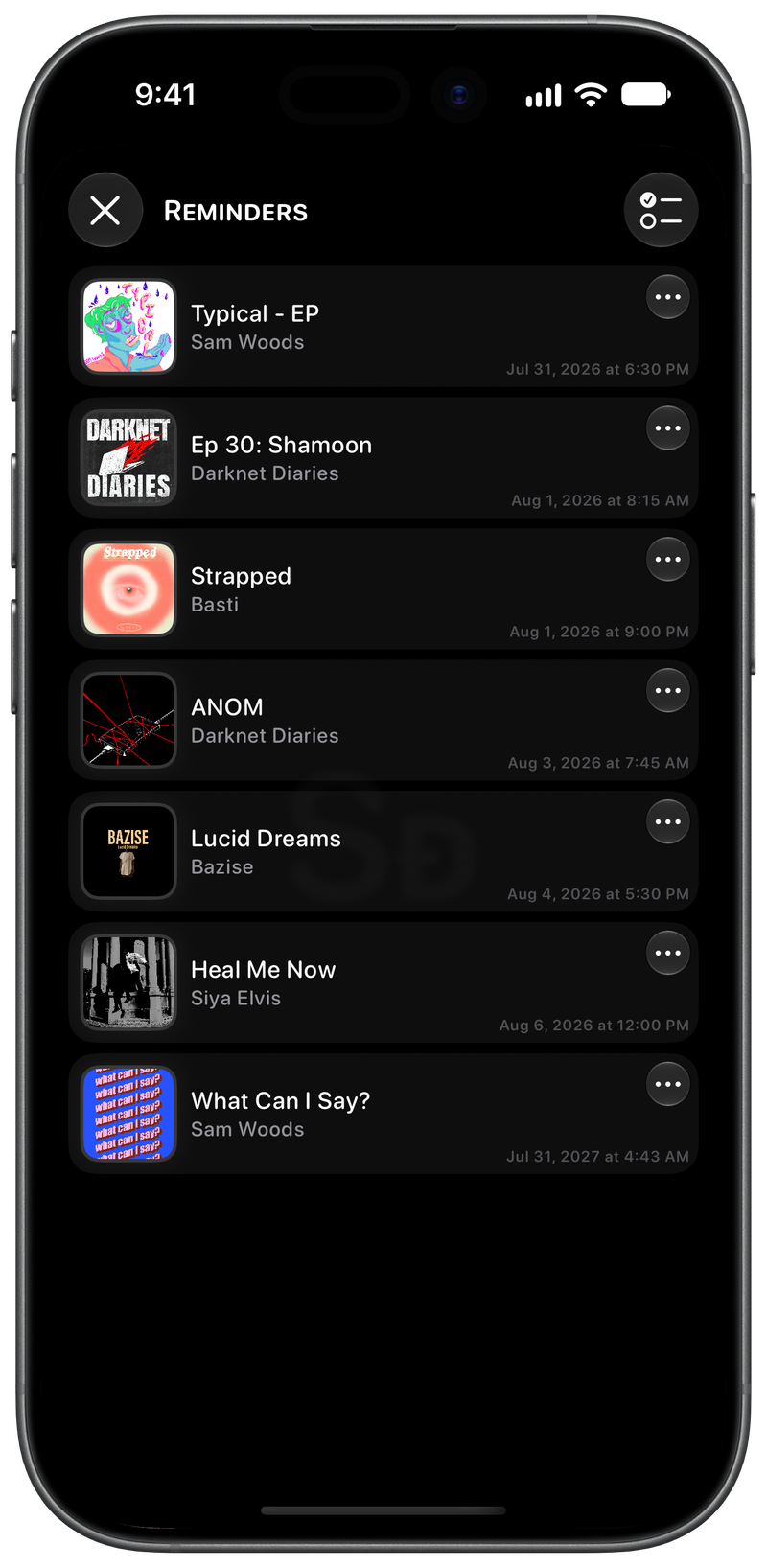 Shared on iPhone 17 showing Reminders in the Grey tint, dark appearance.