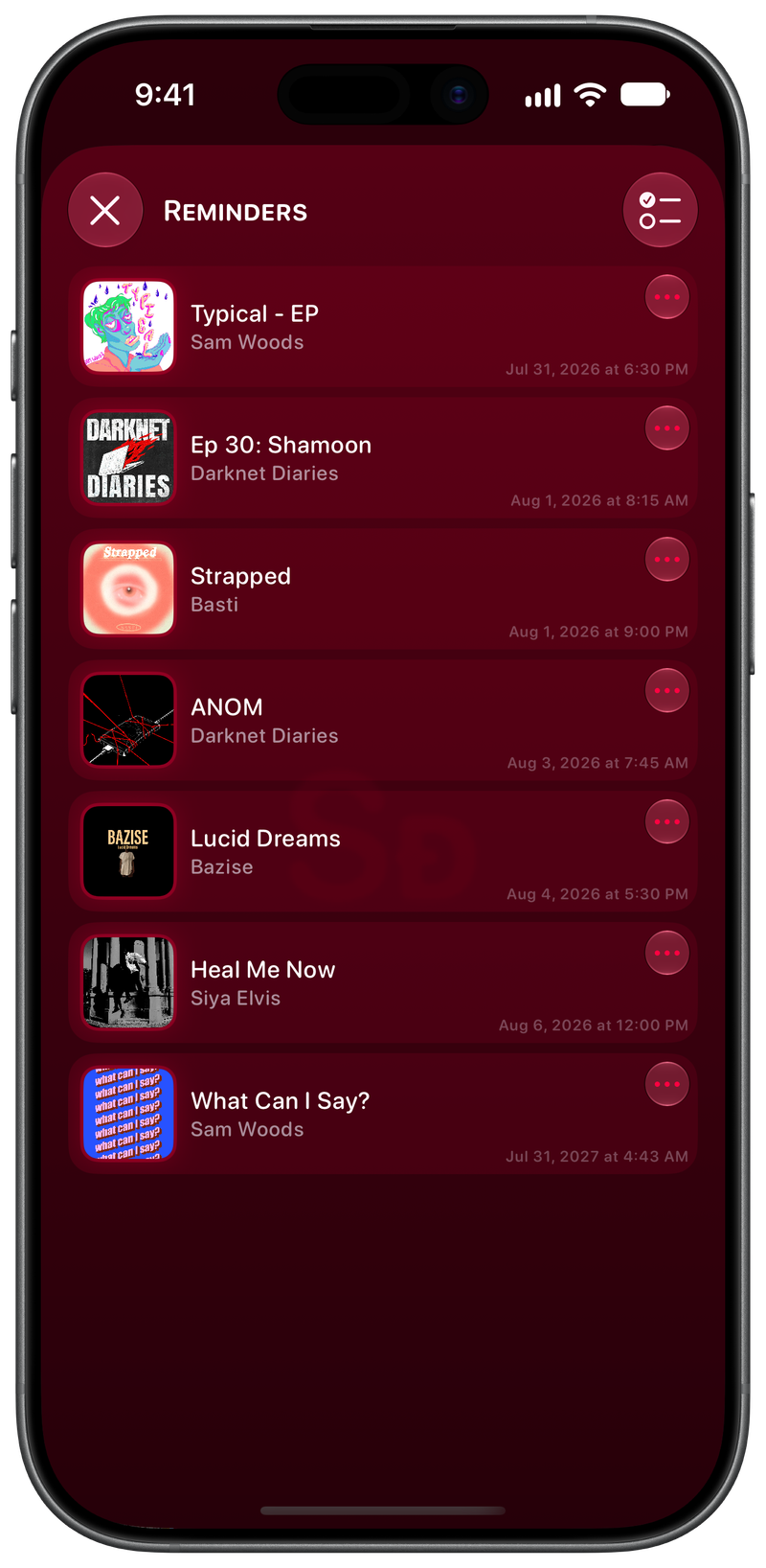 Shared on iPhone 17 showing Reminders in the Pink tint, dark appearance.