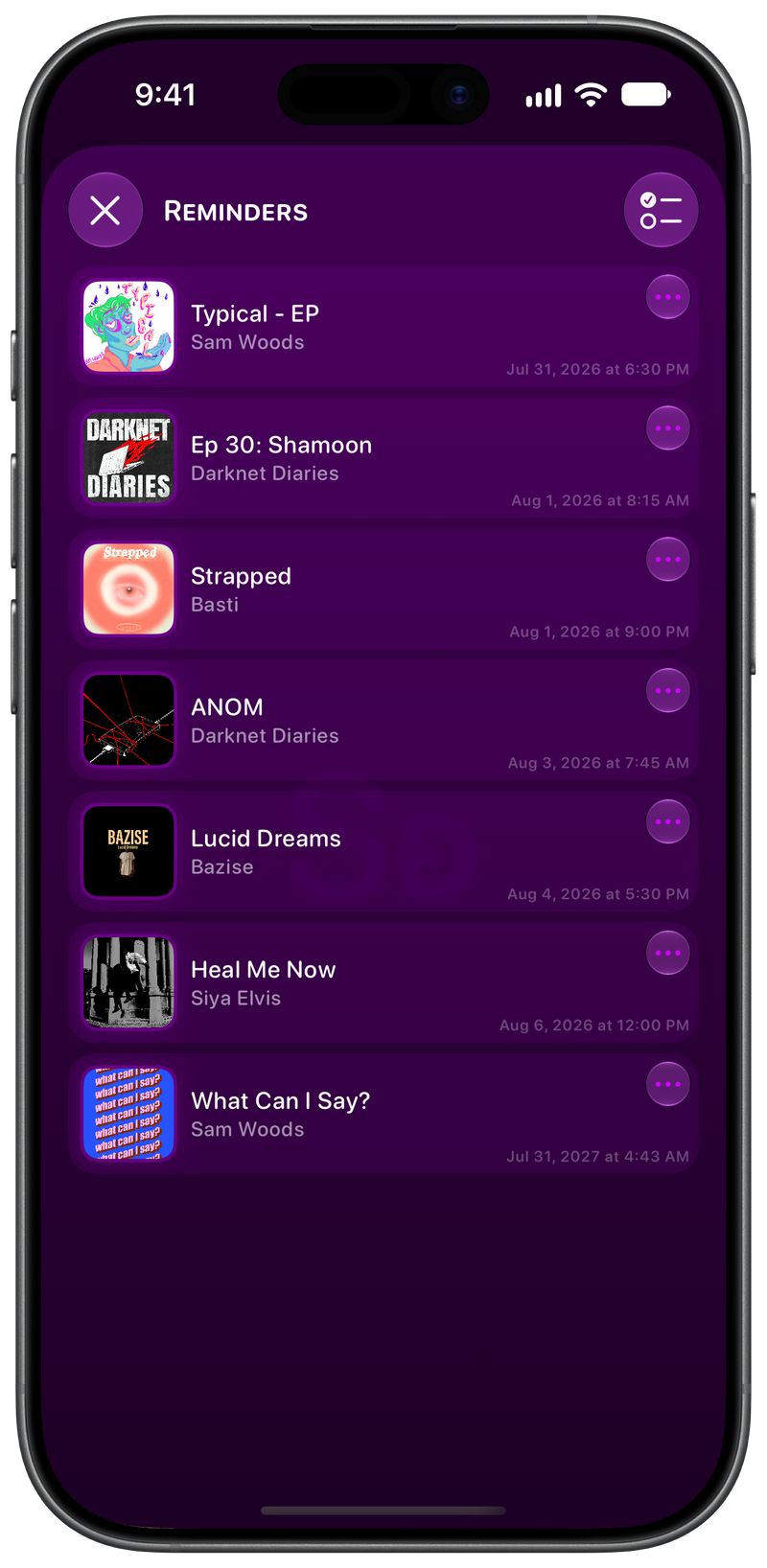Shared on iPhone 17 showing Reminders in the Purple tint, dark appearance.