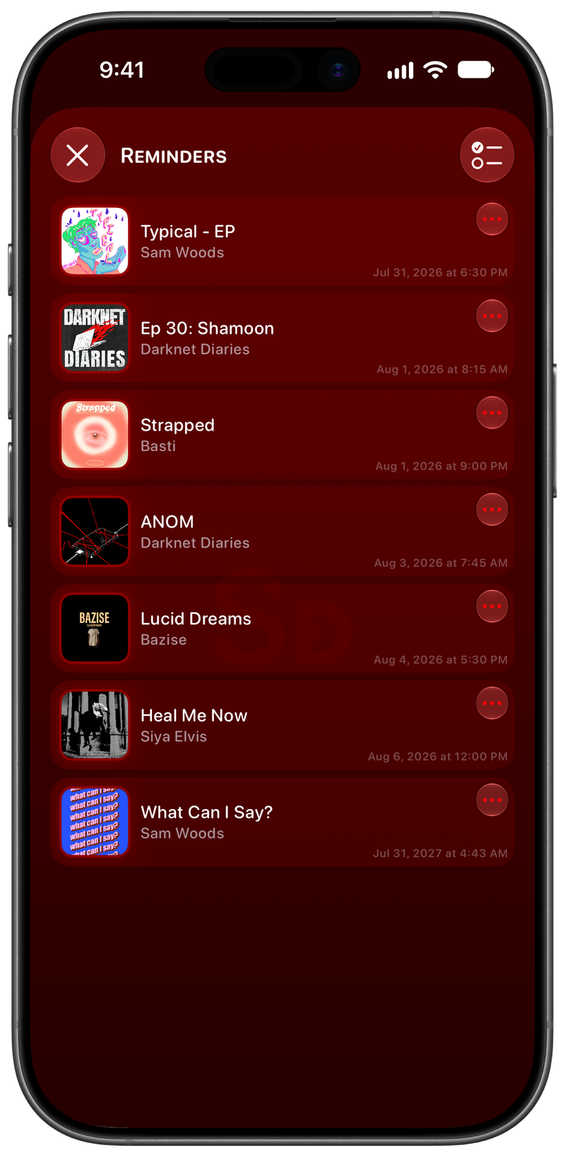 Shared on iPhone 17 showing Reminders in the Red tint, dark appearance.