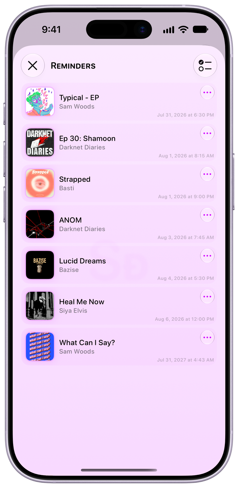 Shared on iPhone 17 showing Reminders in the Purple tint, light appearance.