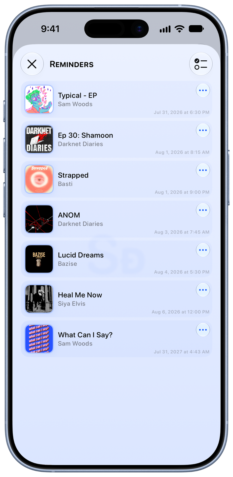 Shared on iPhone 17 showing Reminders in the Blue tint, light appearance.